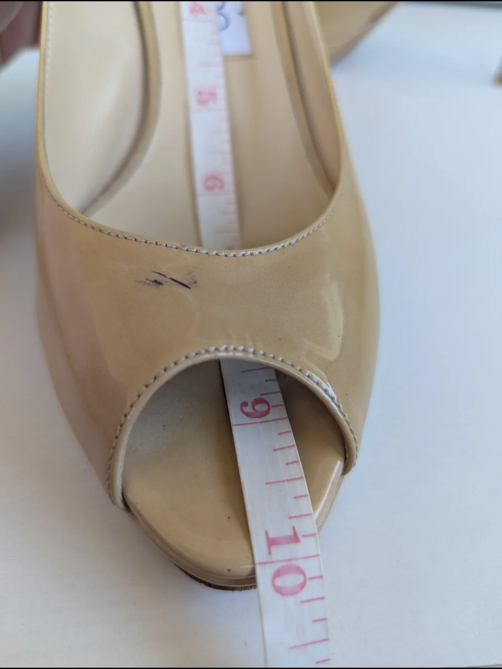 Jimmy Choo Beige Patent Leather Peep-Toe Slingback Wedges